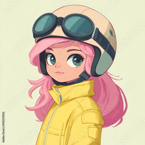 An animated character wearing a yellow jacket and helmet with goggles, having bright pink hair, with a stylish and vibrant appearance. Modern digital art. photo