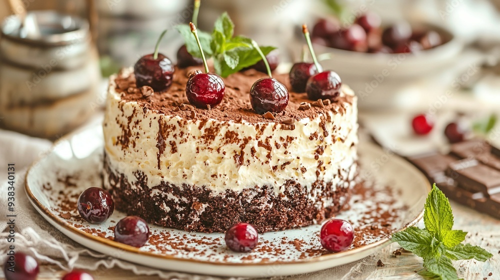   Close-up photo of a cherry topped cake on a plate next to a chocolate bar