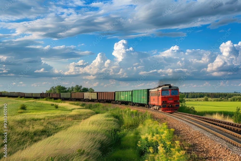 A train travels down the railroad tracks surrounded by a lush green field
