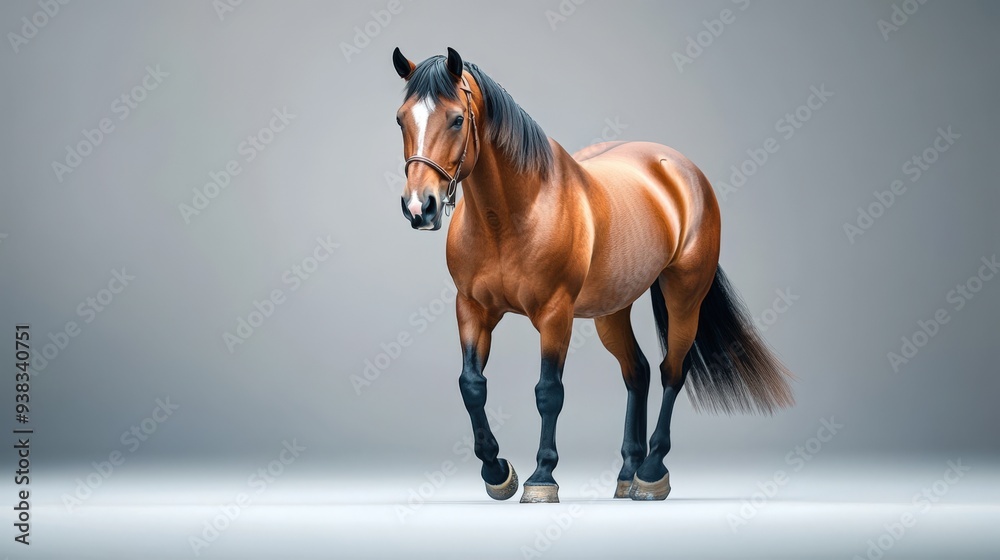 A majestic brown horse walking gracefully against a neutral backdrop, showcasing its beauty and strength in elegant motion. A majestic brown horse walking gracefully against a neutral backdrop, showcasing its beauty and strength in elegant motion.