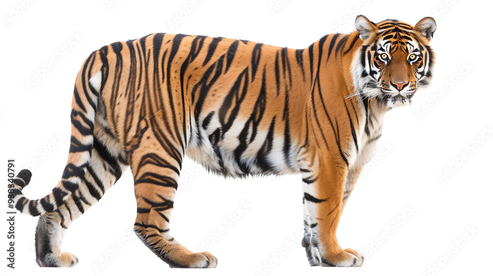 Obraz premium A tiger stands facing forward, orange and black stripes.