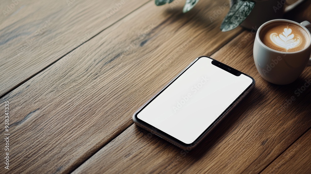 Modern Connectivity - Smartphone with White Screen on Wooden Table Next to Coffee Cup Modern Connectivity - Smartphone with White Screen on Wooden Table Next to Coffee Cup