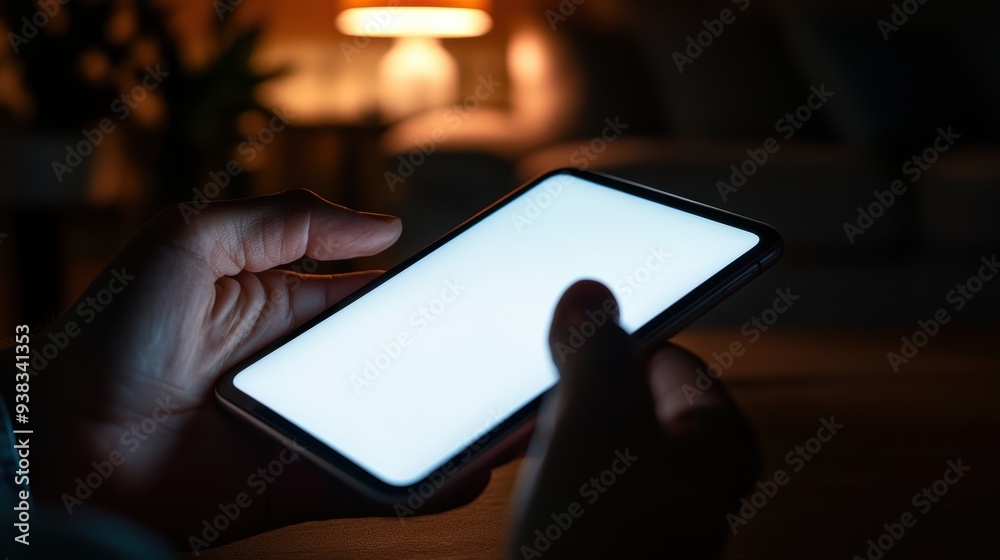 Illuminated Touch - Close-up of Hand Interacting with White Smartphone Screen in Dimly Lit Room Illuminated Touch - Close-up of Hand Interacting with White Smartphone Screen in Dimly Lit Room