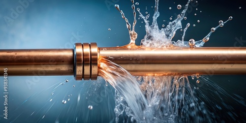 Burst copper pipe with water leaking out from a high angle view, copper pipe, maintenance, plumbing problem, leaking water, dripping, dripping water, pipe burst,burst, repair, leaking