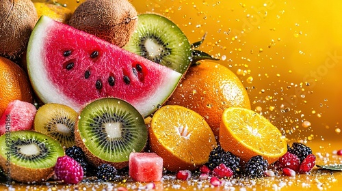   Yellow background with juicy watermelon, sweet kiwi, zesty oranges, and fresh raspberries in a fruit pile photo