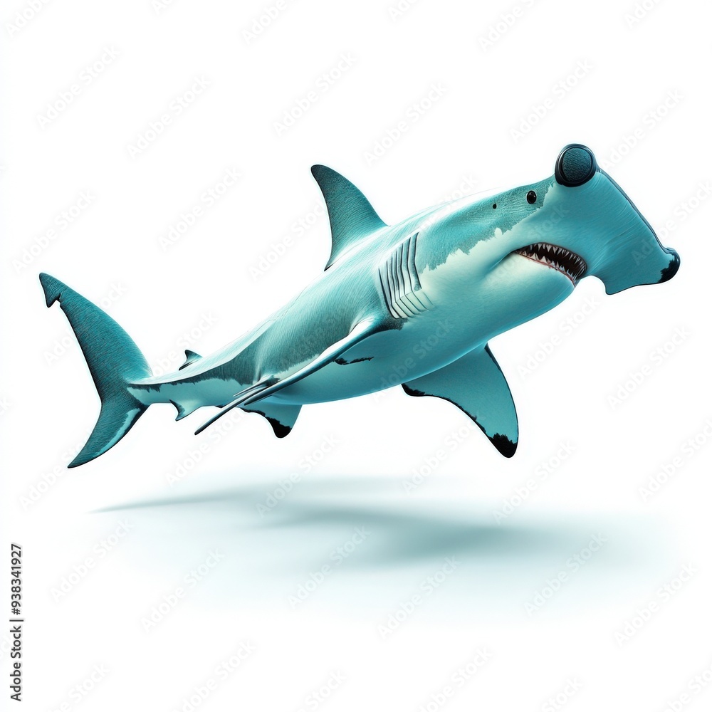 Naklejka premium A playful, cartoonish shark leaping out of the water in vibrant colors, showcasing its unique and friendly appearance.