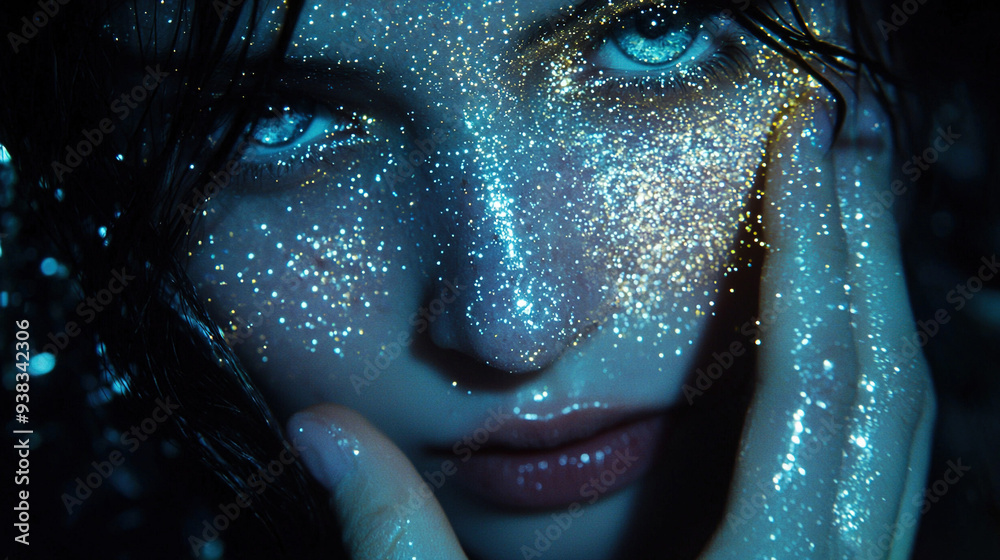 A woman's face is photographed in close detail, with sparkling glitter covering her entire countenance The glitter is visible on both her face and hands, highlighting A woman's face is photographed in close detail, with sparkling glitter covering her entire countenance The glitter is visible on both her face and hands, highlighting