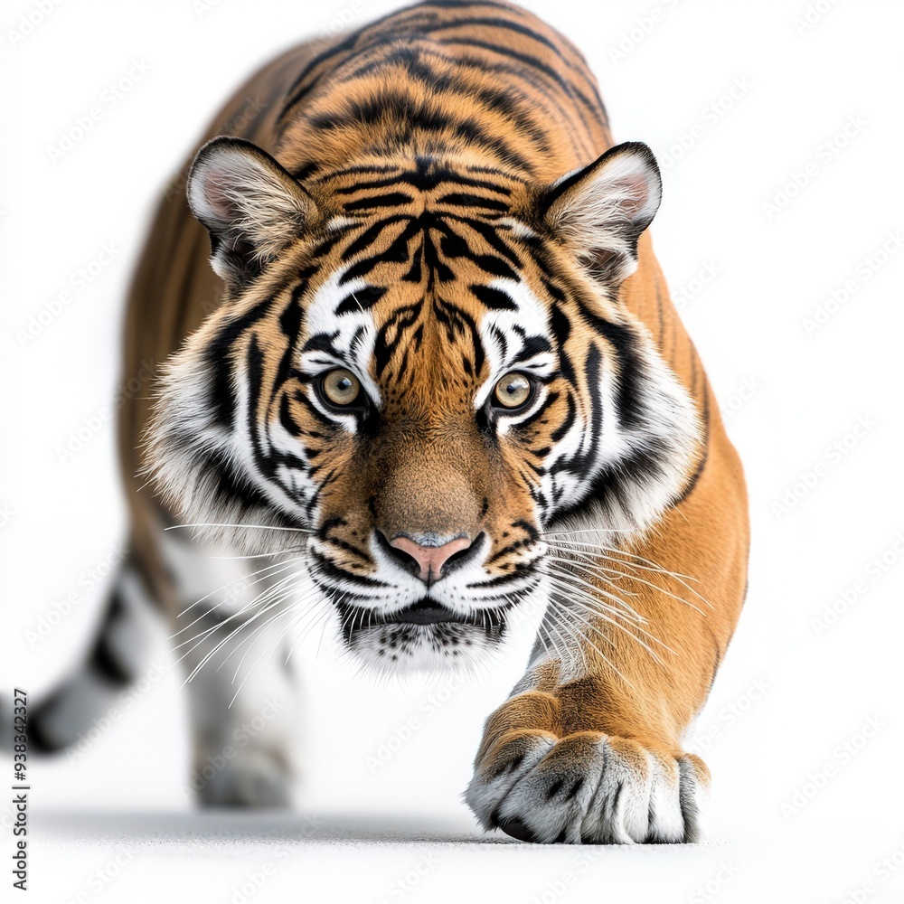Fototapeta premium A powerful tiger prowling forward, showcasing its striking orange coat and distinct black stripes in a captivating pose.