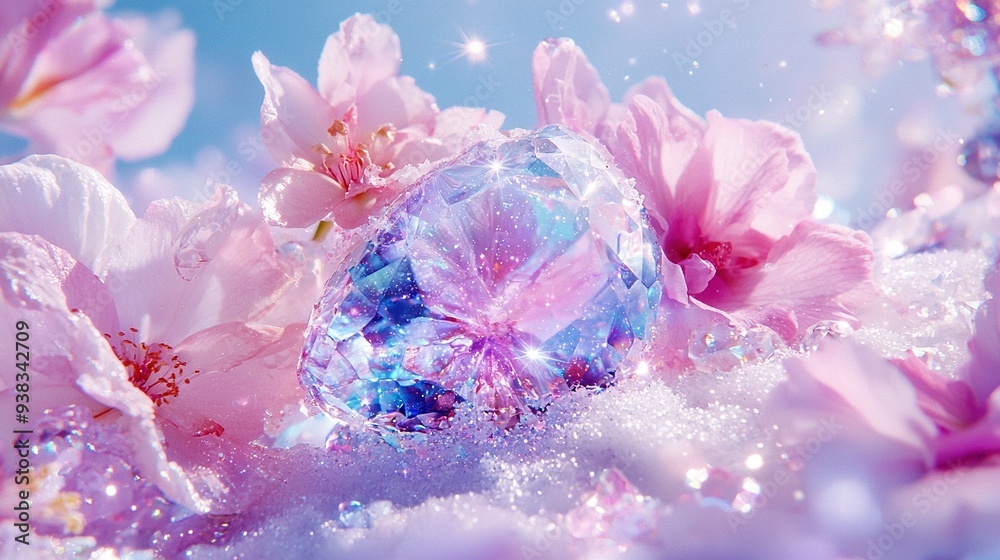 A blue diamond encircled by pink blossoms against a backdrop of blue and magenta, with water drops dripping from the base A blue diamond encircled by pink blossoms against a backdrop of blue and magenta, with water drops dripping from the base