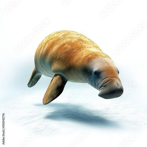 A serene underwater scene featuring a gentle manatee gliding gracefully through crystal clear water. photo