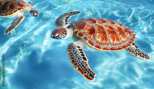 A serene underwater scene featuring a pair of majestic turtles swimming gracefully in crystal clear water. photo