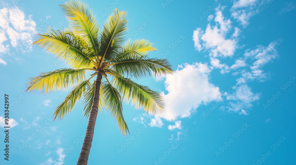vibrant palm tree stands tall against the clear blue sky, with fluffy white clouds adding to its beauty and creating an inviting atmosphere for relaxation or vacation vibrant palm tree stands tall against the clear blue sky, with fluffy white clouds adding to its beauty and creating an inviting atmosphere for relaxation or vacation