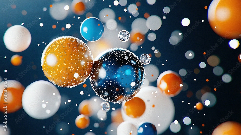 A group of orbs floating near a blue, orange, and white sphere on a dark backdrop A group of orbs floating near a blue, orange, and white sphere on a dark backdrop
