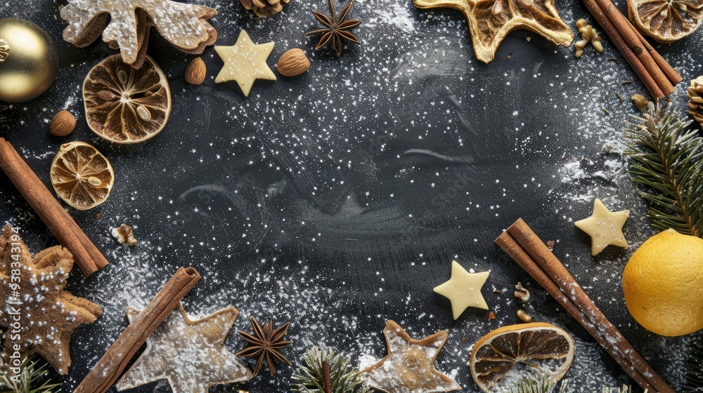 A top-down shot against a black background of a table adorned with various gingerbread cookies, scattered flour, dried lemon, and cinnamon sticks, evoking the winter and Christmas magi.