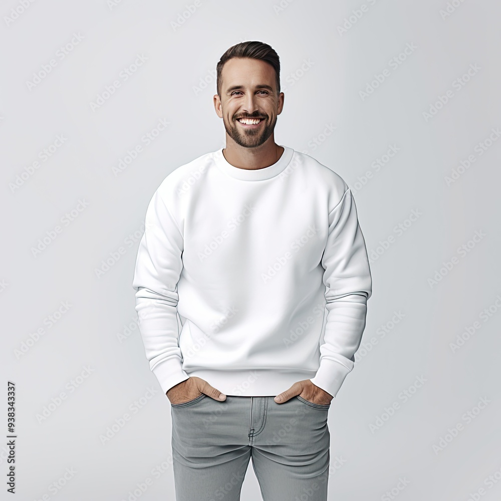 Man Smiling Wearing White Sweatshirt and Grey Jeans Man Smiling Wearing White Sweatshirt and Grey Jeans