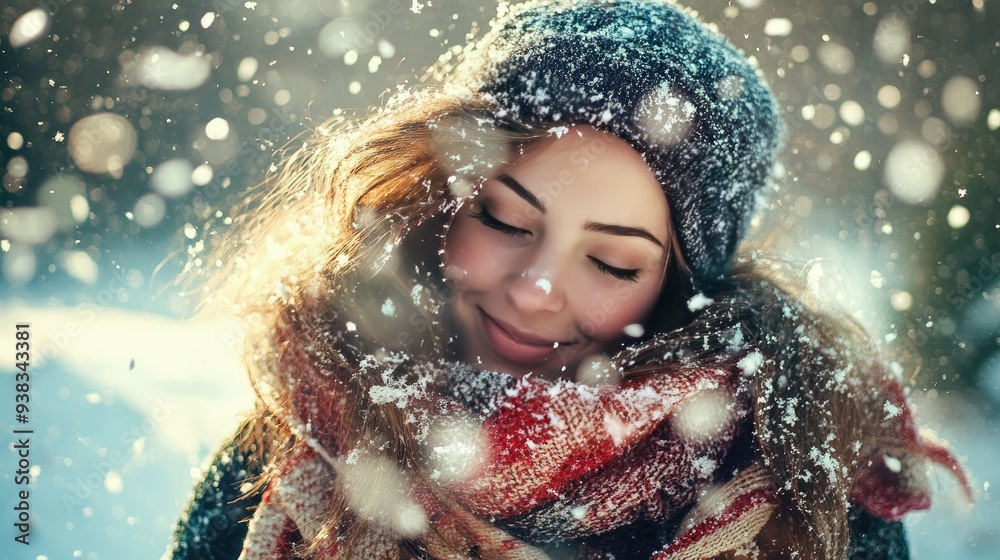 Woman Smiling in Winter Snowfall Woman Smiling in Winter Snowfall