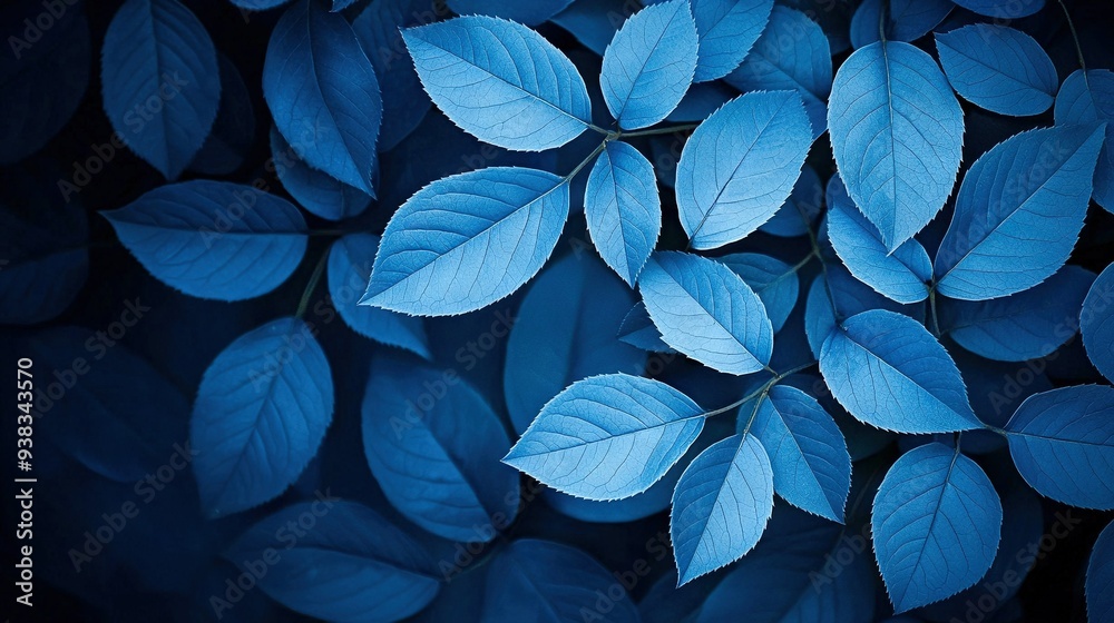 Blue leaves on black background with green stem in center Blue leaves on black background with green stem in center