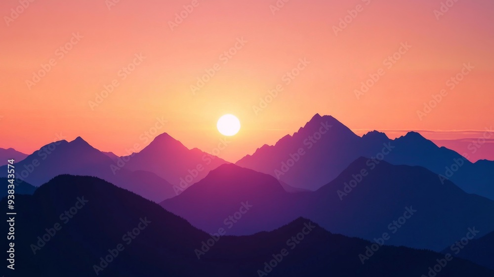 Obraz premium Close-up of a mountain range silhouetted against a vibrant sunset, with the sun dipping behind the peaks