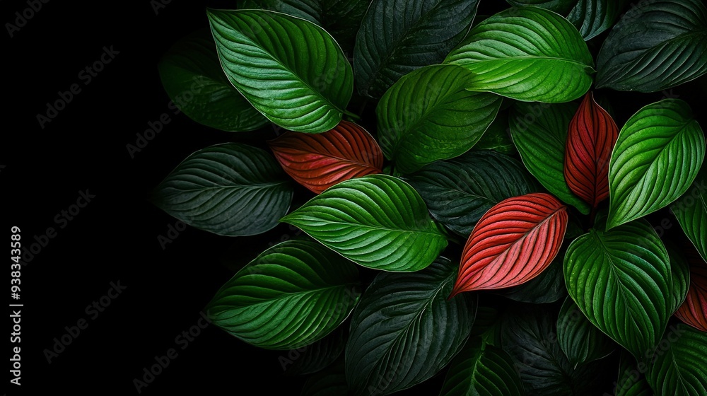 Fototapeta premium Green and red foliage on a dark canvas with a crimson core surrounded by leaves