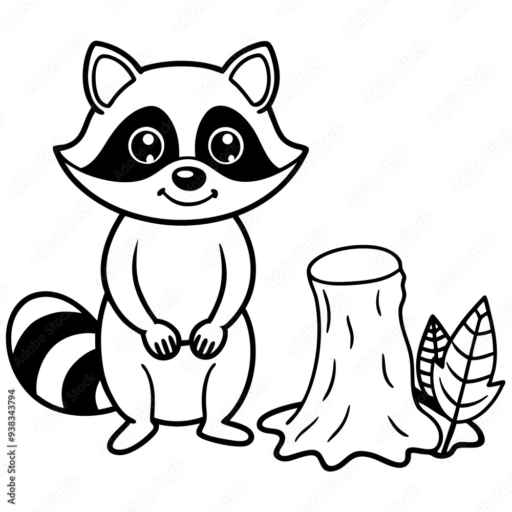 Cartoon Raccoon with Leaf by Tree Stump and Mushrooms Art vector illustration Cartoon Raccoon with Leaf by Tree Stump and Mushrooms Art vector illustration