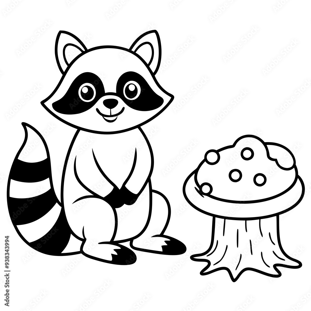 Obraz premium Cartoon Raccoon with Leaf by Tree Stump and Mushrooms Art vector illustration