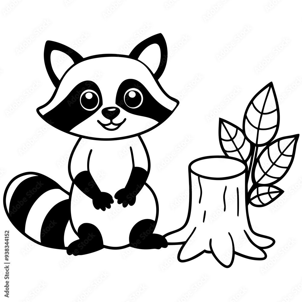 Obraz premium Cartoon Raccoon with Leaf by Tree Stump and Mushrooms Art vector illustration