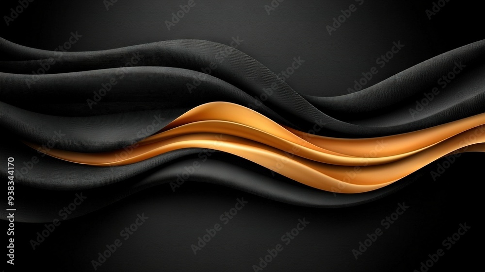 A golden wave on a black background with a wavy texture in shades of black and gold on the right side of the image A golden wave on a black background with a wavy texture in shades of black and gold on the right side of the image