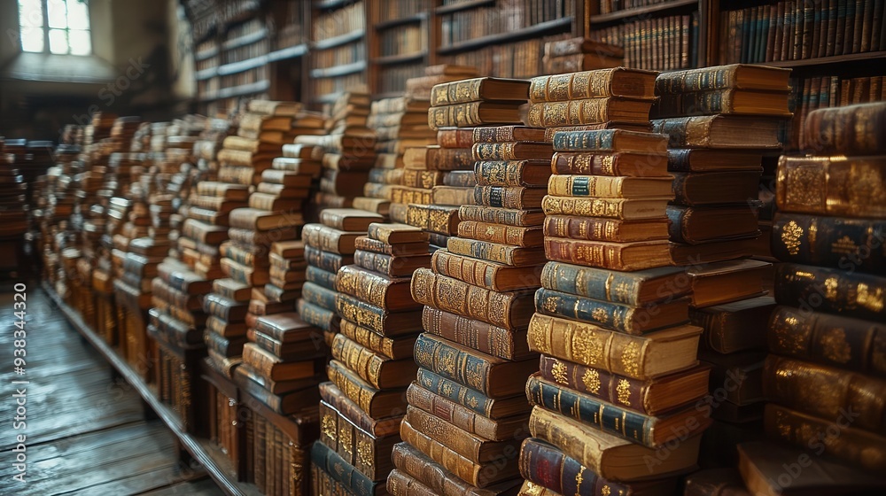 Fototapeta premium rows of leatherbound books with gilded spines line antique wooden shelves soft warm lighting highlights the rich textures and colors creating an atmosphere of knowledge and timeless elegance