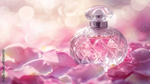 Close-up of a perfume bottle with a delicate glass design, resting on a bed of rose petals and surrounded by soft, ambient light