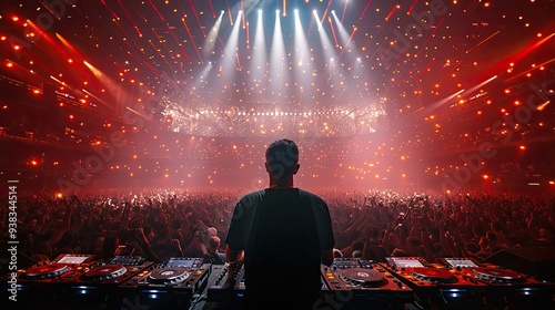 DJ Performing at a Concert with Red Lights and a Large Crowd