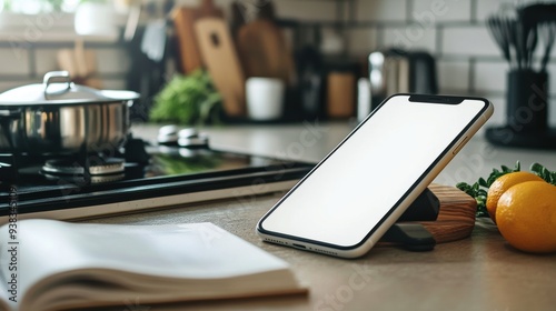 Connected Cooking: Mobile Phone with Cookbook on Kitchen Counter