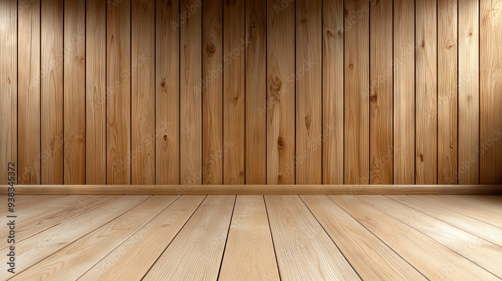 An empty room with wood-paneled walls and a lamp at the end An empty room with wood-paneled walls and a lamp at the end