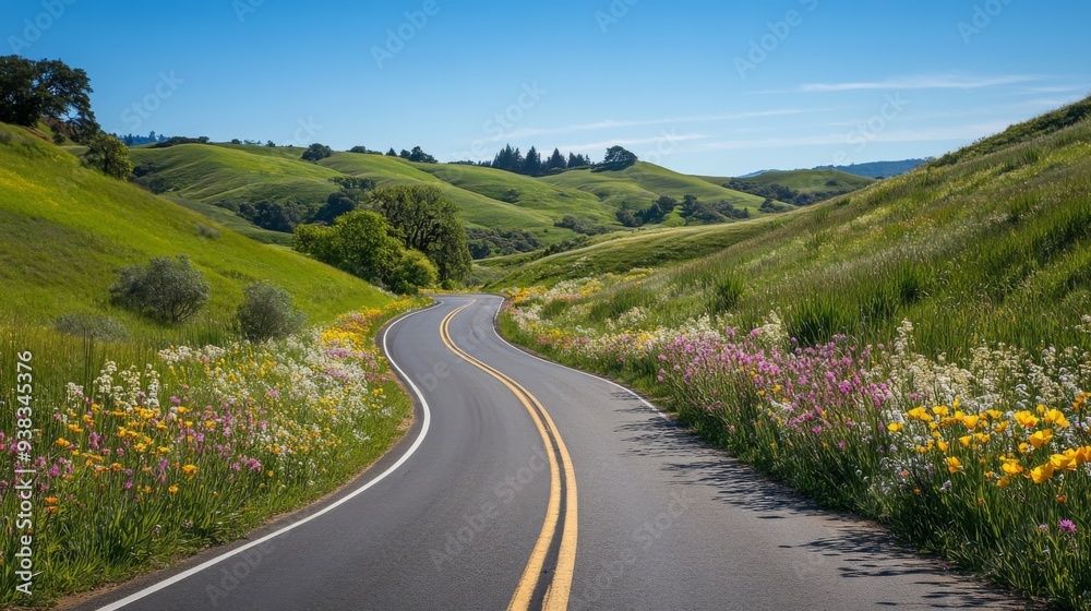 Close-up of a picturesque road meandering through rolling hills with vibrant wildflowers and clear blue skies Close-up of a picturesque road meandering through rolling hills with vibrant wildflowers and clear blue skies