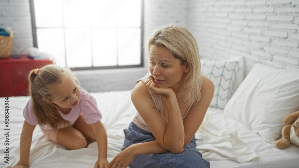 Mother and daughter spending quality time together in a cozy bedroom at home, featuring a blonde-haired woman and child enjoying a relaxed indoor setting on the bed Mother and daughter spending quality time together in a cozy bedroom at home, featuring a blonde-haired woman and child enjoying a relaxed indoor setting on the bed