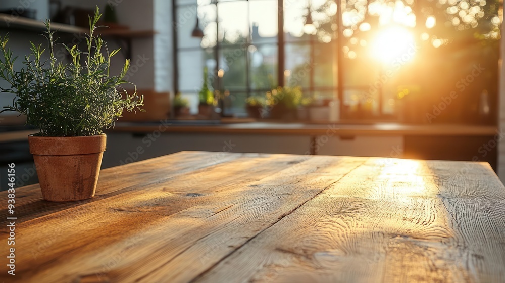 Fototapeta premium rustic wooden table in foreground soft focus modern kitchen visible in background warm lighting creates inviting atmosphere highlighting wood grain texture and sleek appliances