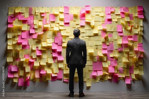 Business man looking at wall full of post it notes. Creative professional brainstorming at a whiteboard covered in colorful post it notes. Working business cooperation concept