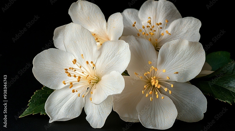 Obraz premium A close-up of two white flowers with green leaves on a black background, featuring a yellow-stained white flower in the foreground