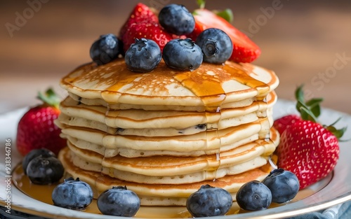 Wallpaper Mural A photo of a delicious stack of pancakes topped with fresh blueberries, strawberries, and syrup Torontodigital.ca