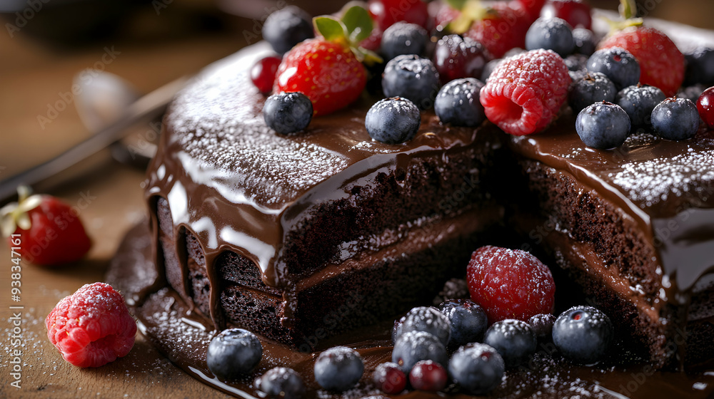 A realistic close-up of a rich, moist chocolate cake with a glossy ganache glaze A realistic close-up of a rich, moist chocolate cake with a glossy ganache glaze