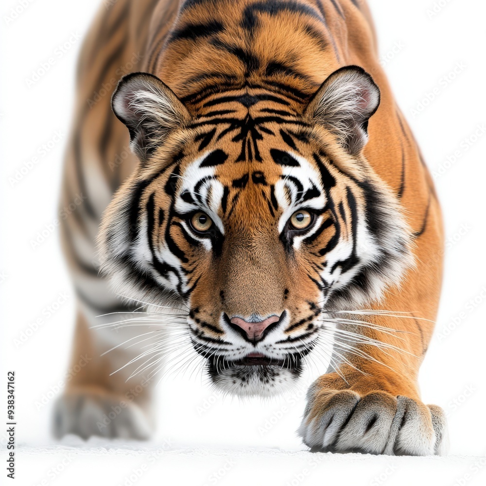 Close-up of a fierce tiger stalking its prey. The vibrant fur and intense gaze showcase the beauty of this majestic predator. Close-up of a fierce tiger stalking its prey. The vibrant fur and intense gaze showcase the beauty of this majestic predator.