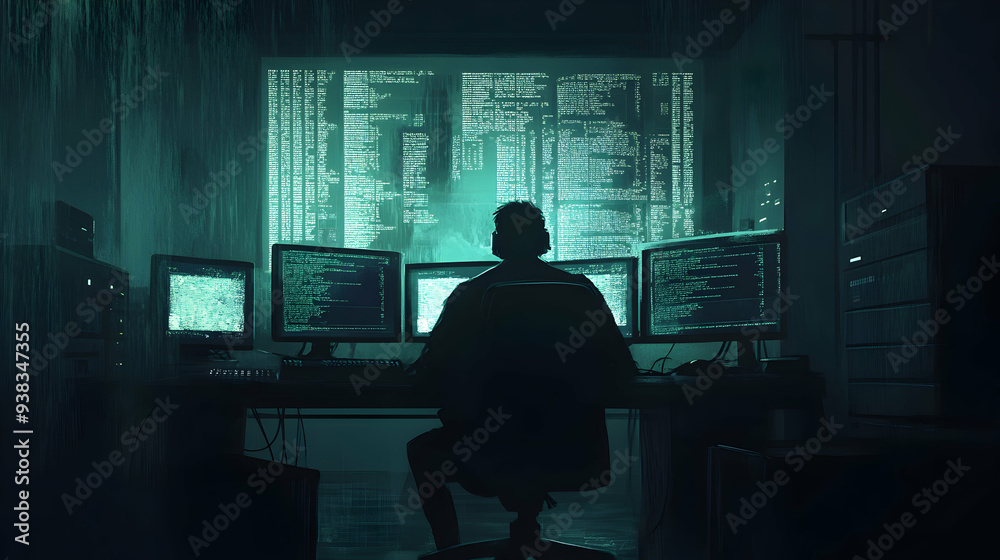 A dark, moody scene depicting a lone hacker in a dimly lit room, the only light coming from multiple monitors displaying cryptic code and deep web forums A dark, moody scene depicting a lone hacker in a dimly lit room, the only light coming from multiple monitors displaying cryptic code and deep web forums
