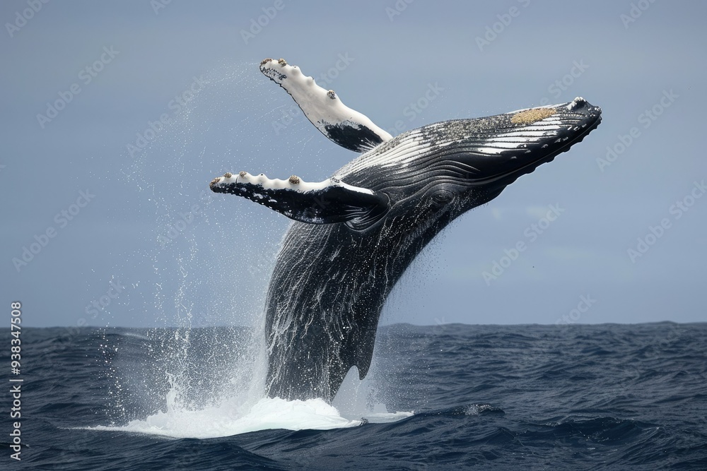 Fototapeta premium Humpback Whale Leaping Out of the Ocean, Splashing Water