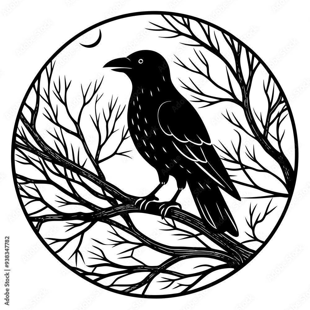 Obraz premium Elegant Raven Silhouette Minimalist Black and White Vector Design with Eerie Gothic Symbolism Art vector illustration