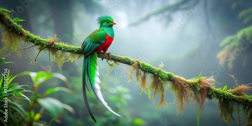Majestic Resplendent Quetzal perched in misty forest seen from a low angle, Guatemala, vibrant, wildlife, misty, tropical, foggy, colorful, feathers, beautiful, perched, greenery, bird