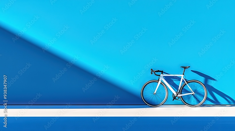 Fototapeta premium A bike resting against a blue wall with shadows on its back and front ends