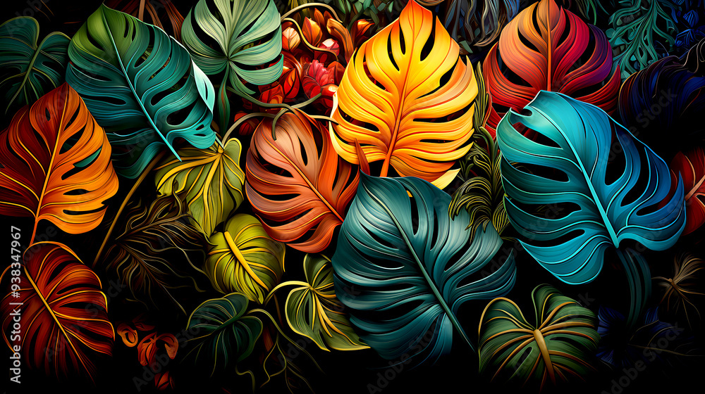 Glowing Neon Monstera Deliciosa Leaves Enhancing the Verdant Beauty of a Tropical Forest Glowing Neon Monstera Deliciosa Leaves Enhancing the Verdant Beauty of a Tropical Forest
