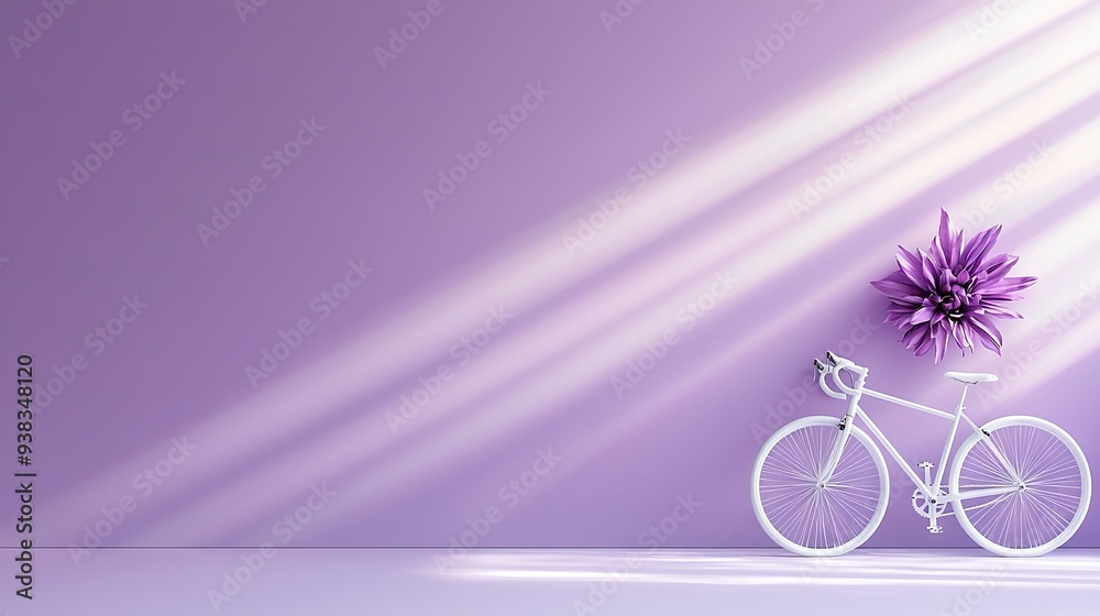 Fototapeta premium A white bicycle rests beside a purple wall, adorned with purple flowers on both its front and back