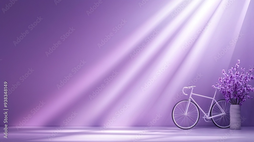 Fototapeta premium A bicycle parked next to a vase with purple flowers on a purple background, illuminated by sunlight streaming through the window