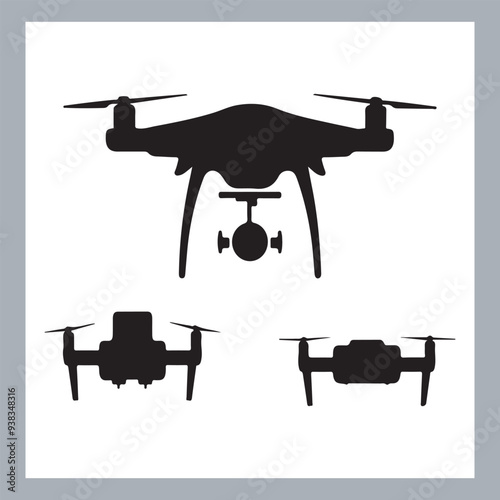 Drone quadcopter with camera black symbol, Black silhouette of military drone. Top, front and side view. Army aircraft for intelligence and attack, silhouette of a drone flying
