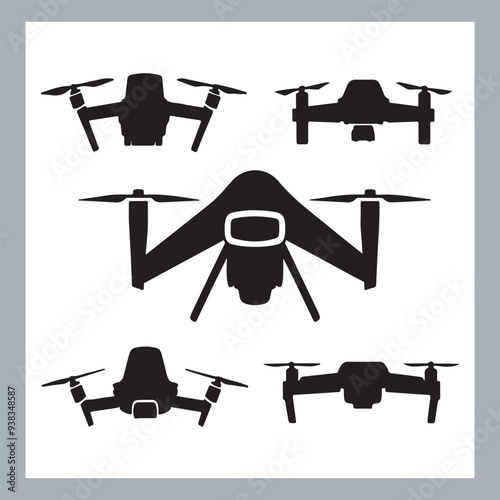 Drone quadcopter with camera black symbol, Black silhouette of military drone. Top, front and side view. Army aircraft for intelligence and attack, silhouette of a drone flying